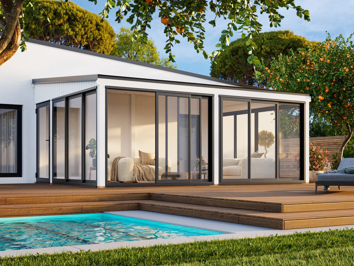 Lumi 23,3 m² (5,8x4,2 m | 120x120 mm) Ruumikas seinale kinnituv klaaspaviljon või suvetuba aeda