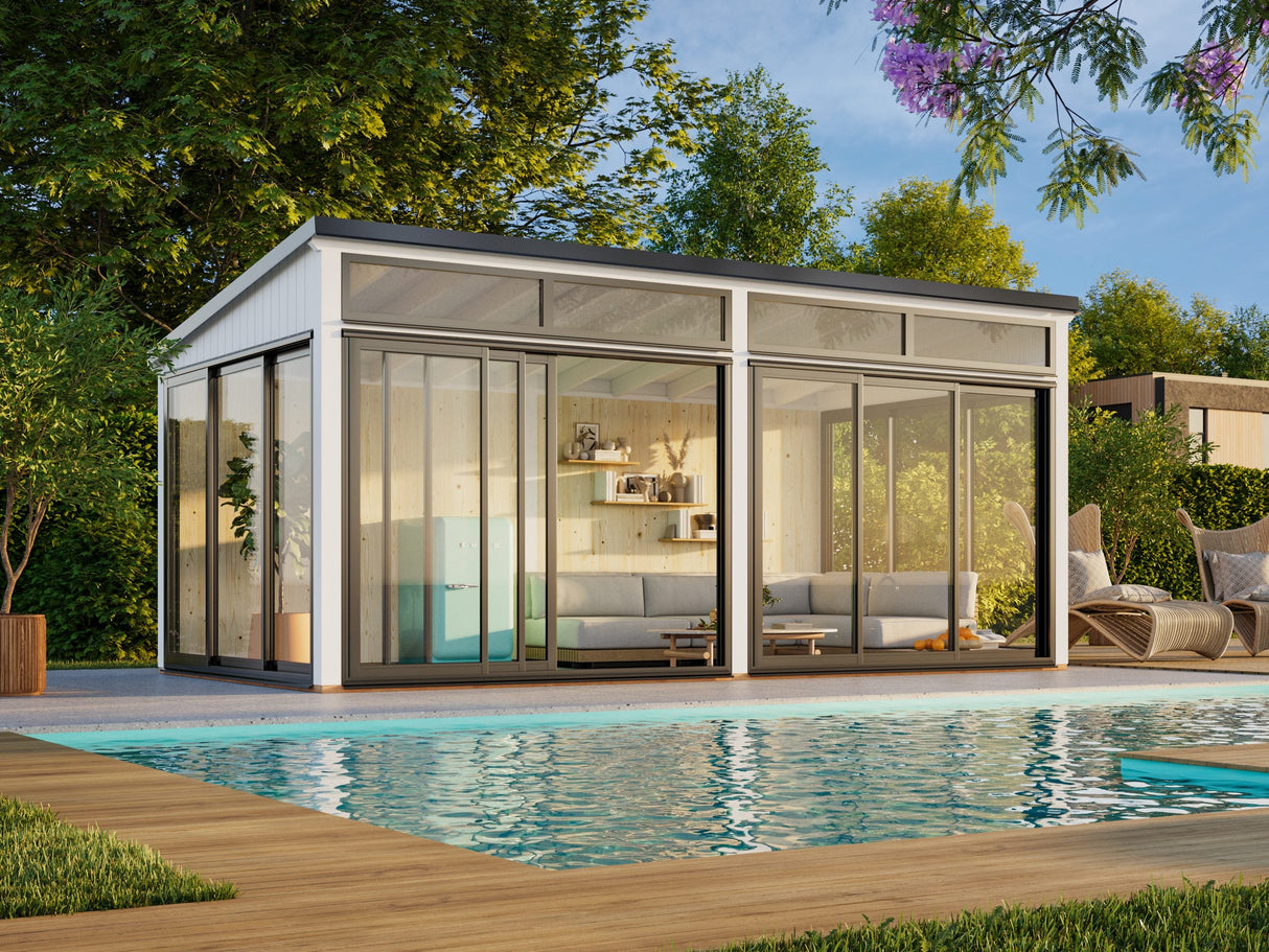 Saga 16,2 m² (5,8x3 m | 120x120 mm) Eraldiseisev modernne klaasaed või suvetuba aeda