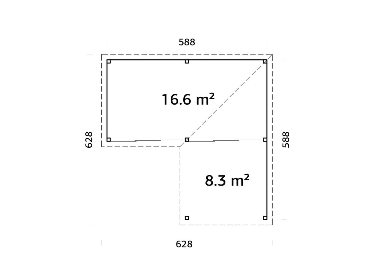 Lenna 24.9m2 Set 413/713 (5.88x5.88m) L-kujuline lamekatusega kahe lükandukse ja võreseinaga paviljon