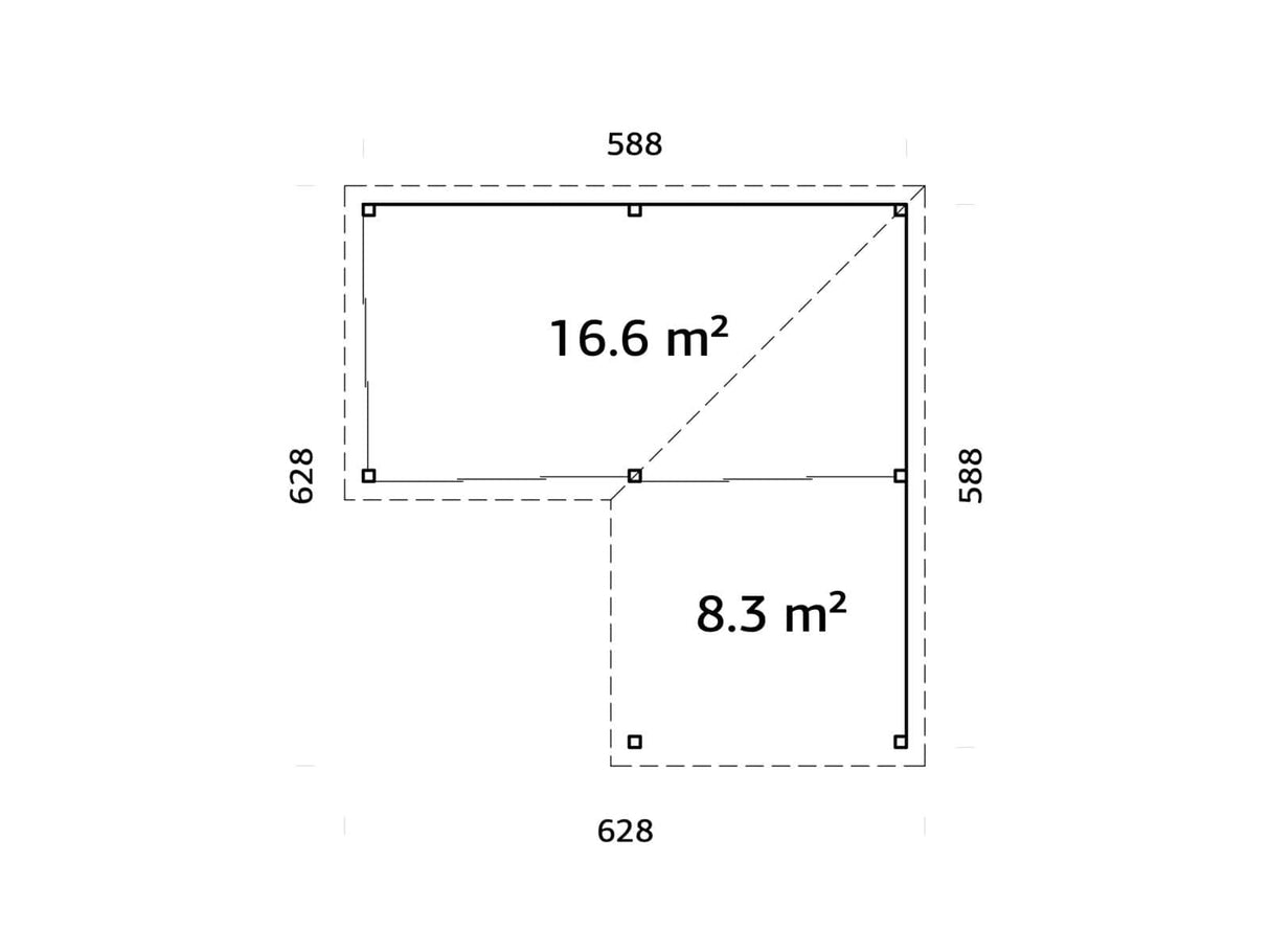 Lenna 24.9m2 Set 414/714 (5.88x5.88m) L-kujuline lamekatusega kolme lükandukse ja võreseinaga paviljon