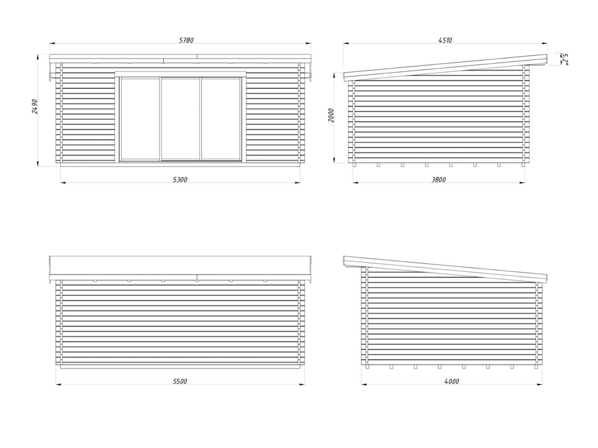 Lea 19.4m2 (5.3x3.8m | 44mm) Kaldkatusega freespruss-aiamaja lükandustega