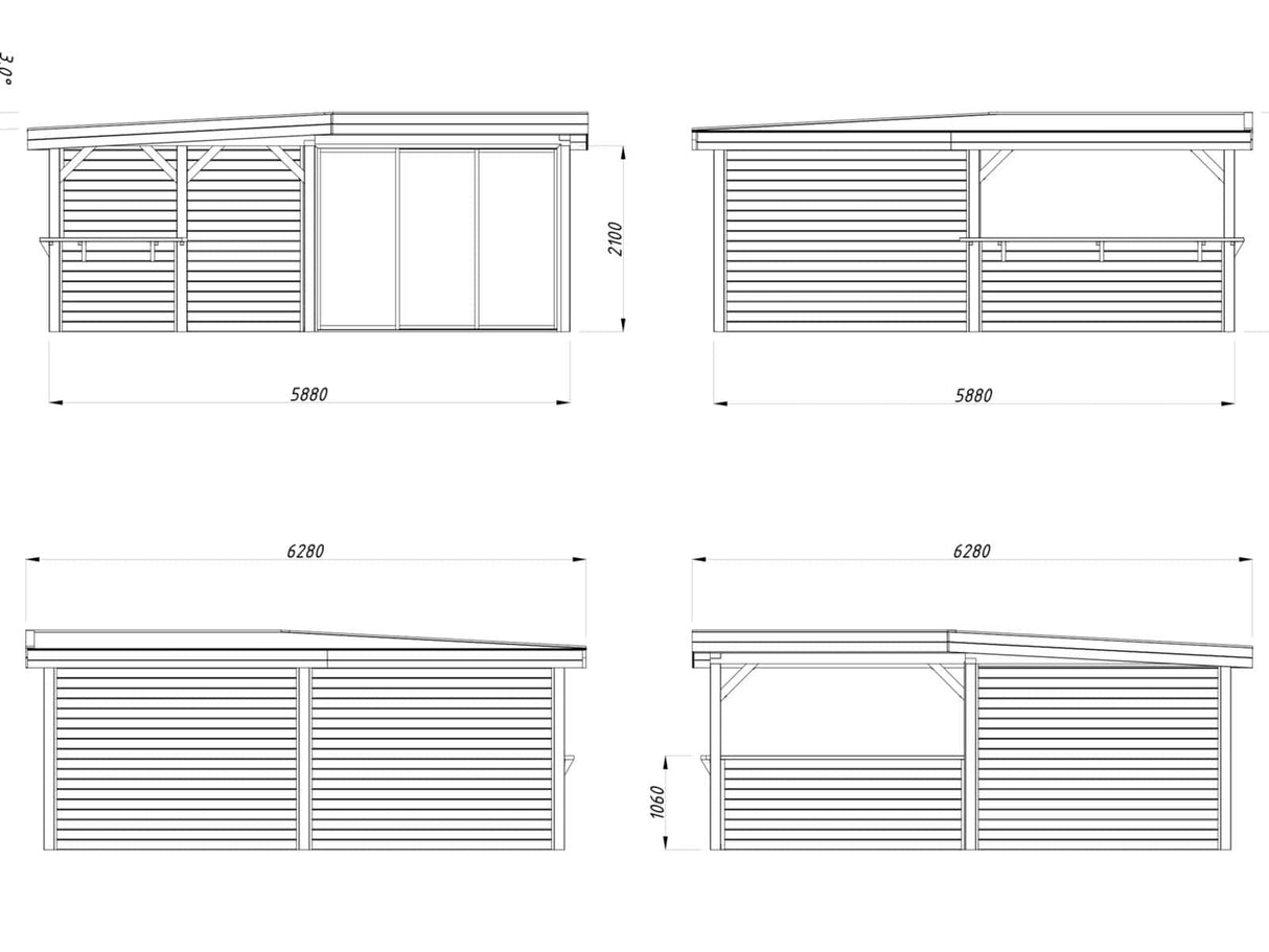 Lenna 24.9m2 Set 409/709 (5.88x5.88m) L-kujuline lamekatusega kahe lükanduksega paviljon väliköögi osaga