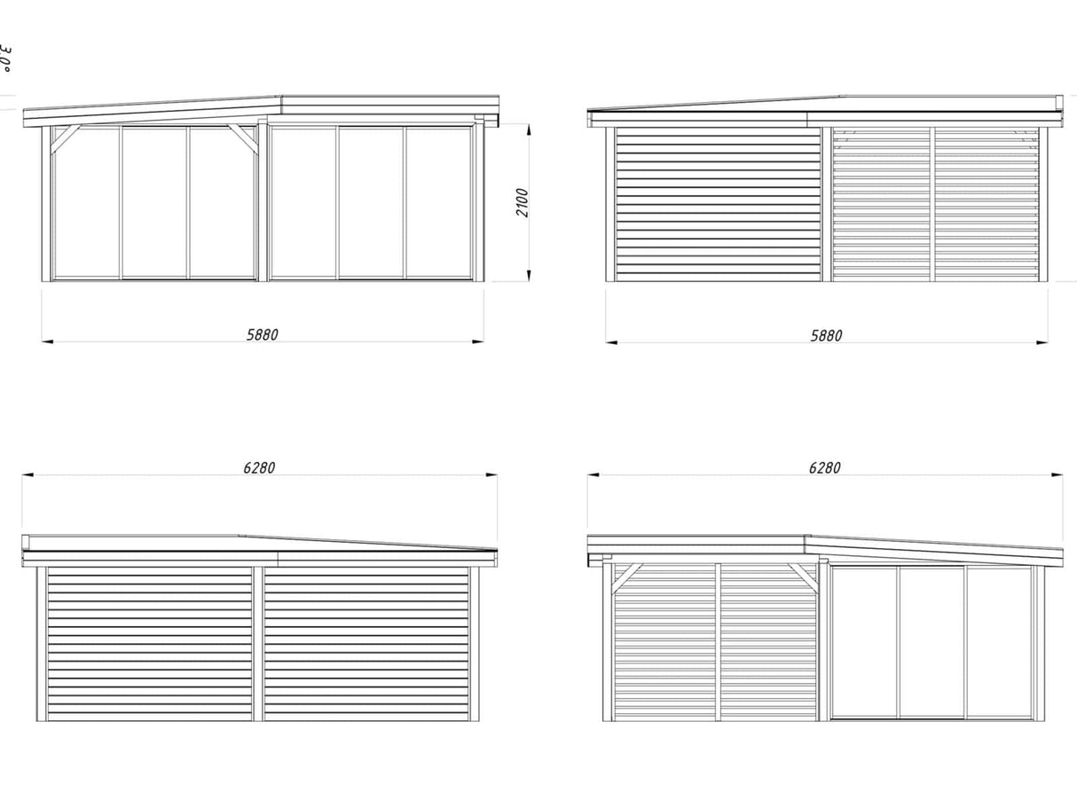Lenna 24.9m2 Set 414/714 (5.88x5.88m) L-kujuline lamekatusega kolme lükandukse ja võreseinaga paviljon
