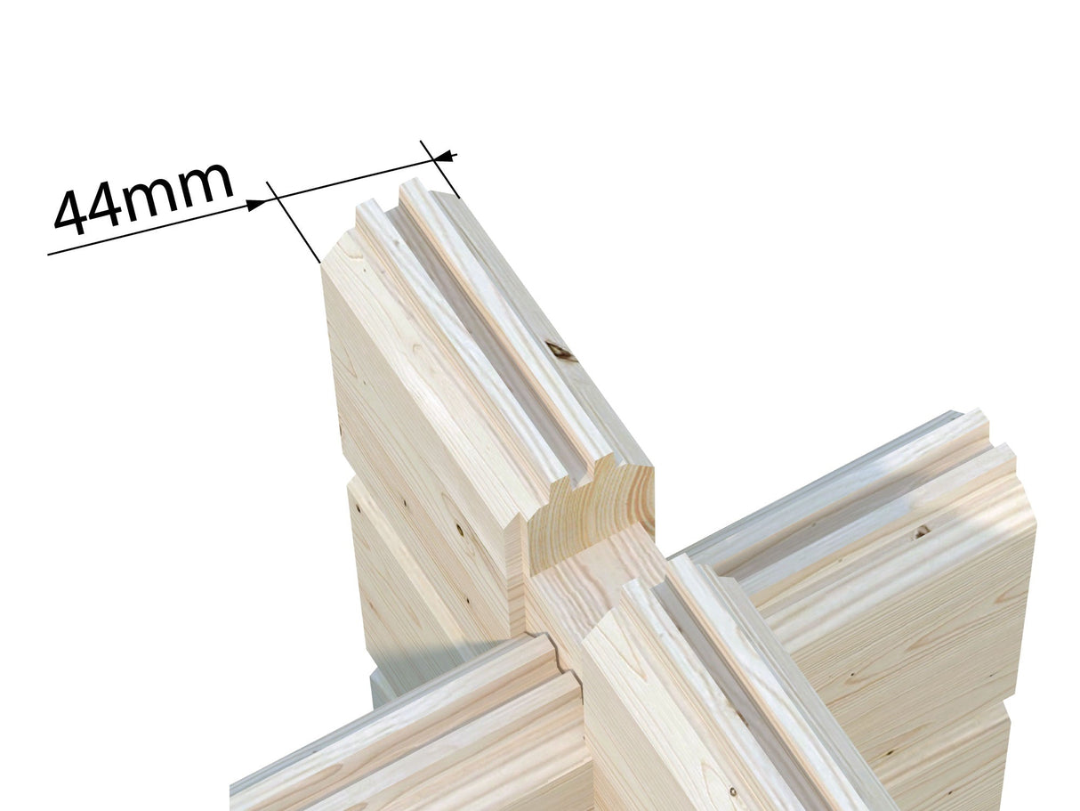 Sanna 6.8+5.9m2 (6.3x2.1m | 44mm) Modernne freesprussist saunamajake riietusruumi ja varikatusega