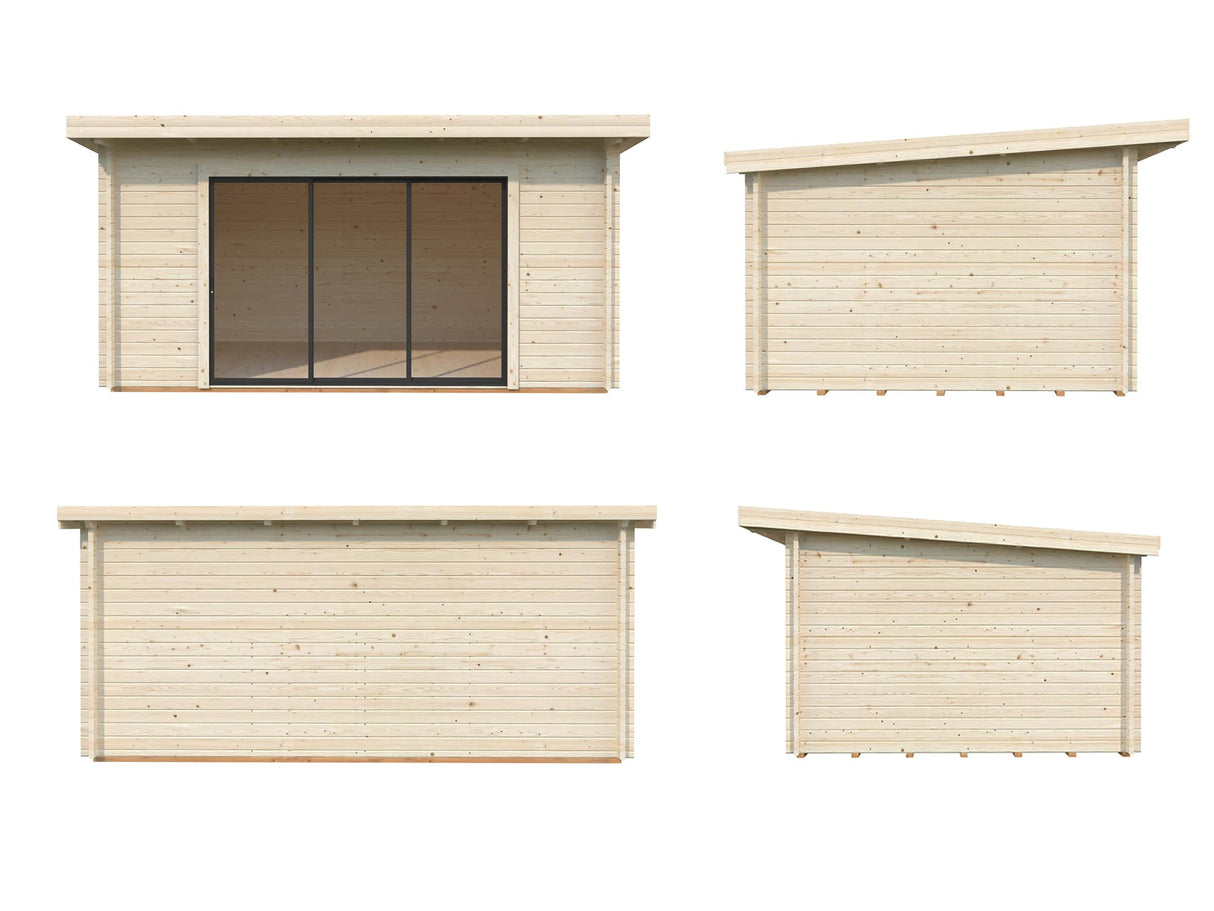 Lea 14.2m2 (4.5x3.3m | 44mm) Kaldkatusega freespruss-aiamaja lükandustega