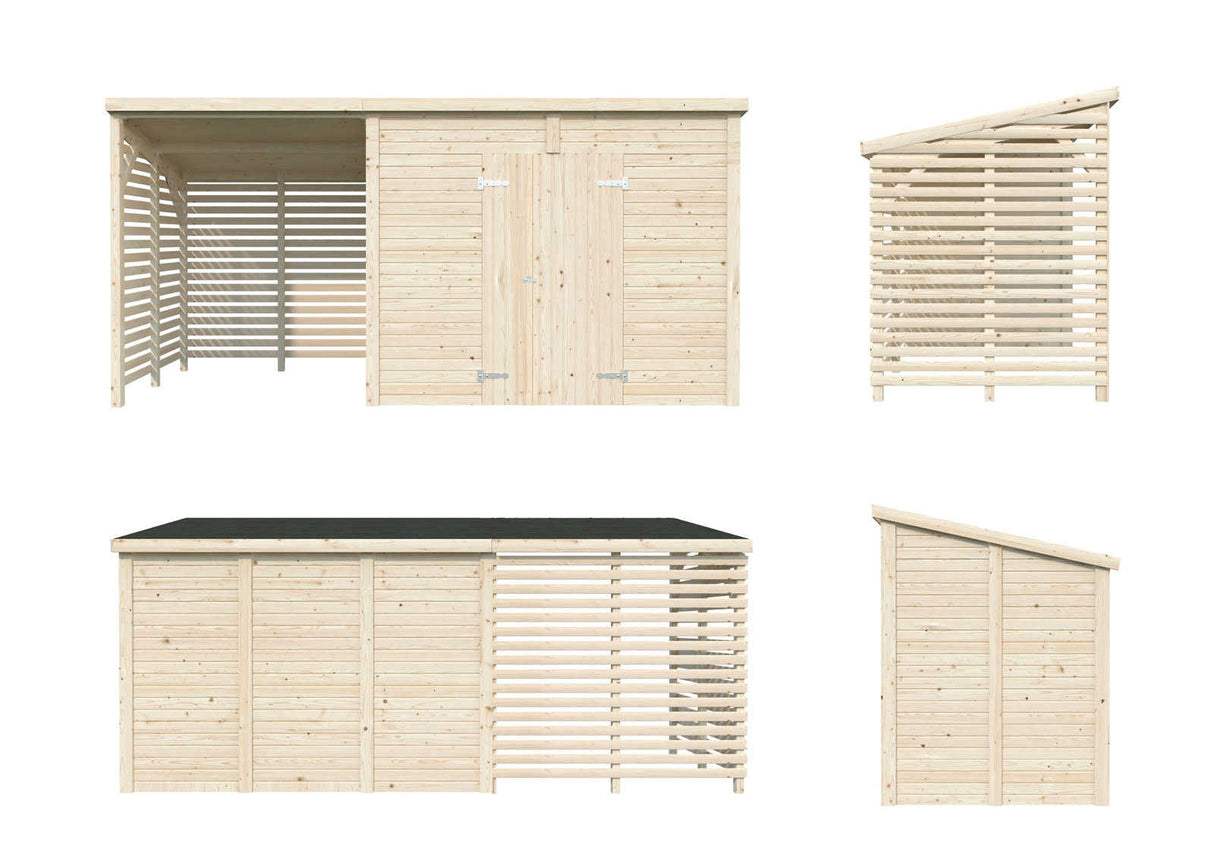 Leif 4.5+2.9m2 (4.6x1.7m | 16mm) Valmis seinaelementidest praktiline aiakuur varikatusega
