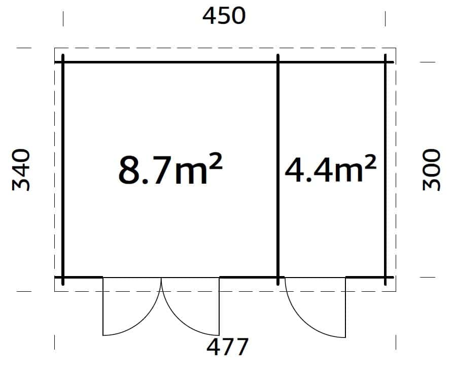 Ella 13.1m2 (4.5x3m | 28mm) Kahe ruumiga klaasustega aiakuur