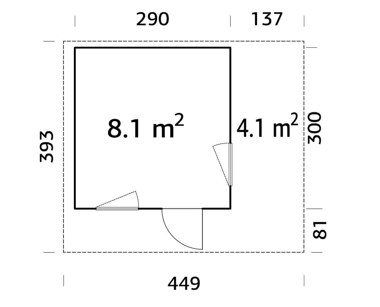 Grace 8.1+4.1m2 (3x2.9m | 56mm) Liimpuitelementidest aiamaja pisikese varikatusega
