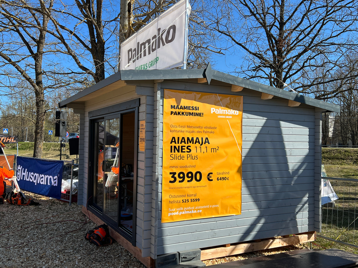 NÄIDIS: Värvitud Ines 11.1m2 (3.9x3m | 44mm) Lükandustega freespruss-aiamaja