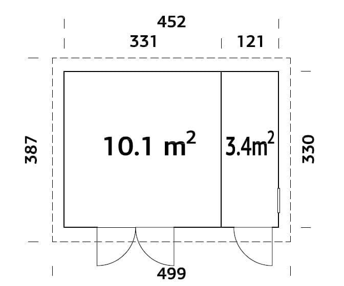 Kalle 13.5m2 (4.52x3.3m | 18mm) Valmis seinaelementidest kaheruumiline kaldkatusega aiakuur