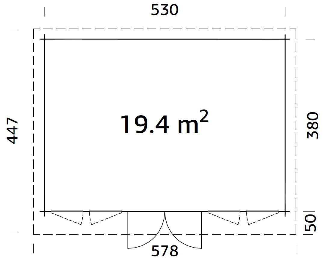 Lisa 19.4m2 (5.5x4m | 44mm) Ruumikas aiamaja lamekatuse ja kahepoolse uksega (uuendatud aastal 2024)