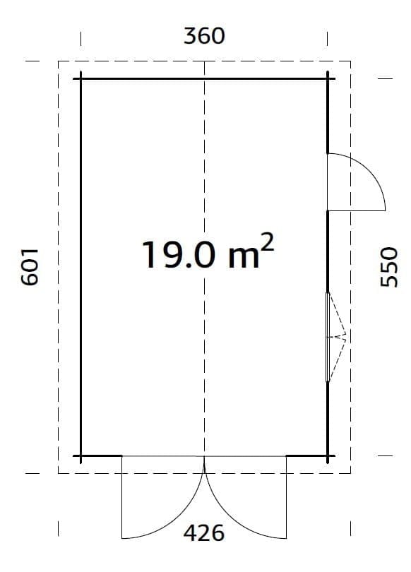 Roger 19m2 (3.8x5.7m | 44mm) Kompaktne freespruss-garaaž puidust ustega
