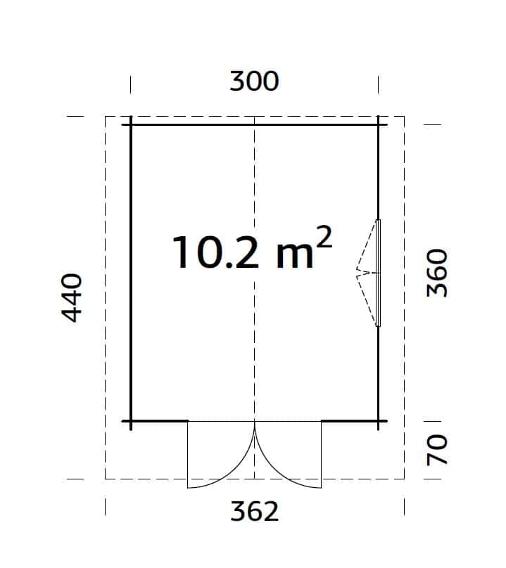 Sally 10.2m2 (3x3.6m | 44mm) Kompaktne traditsiooniline freespruss-aiamaja