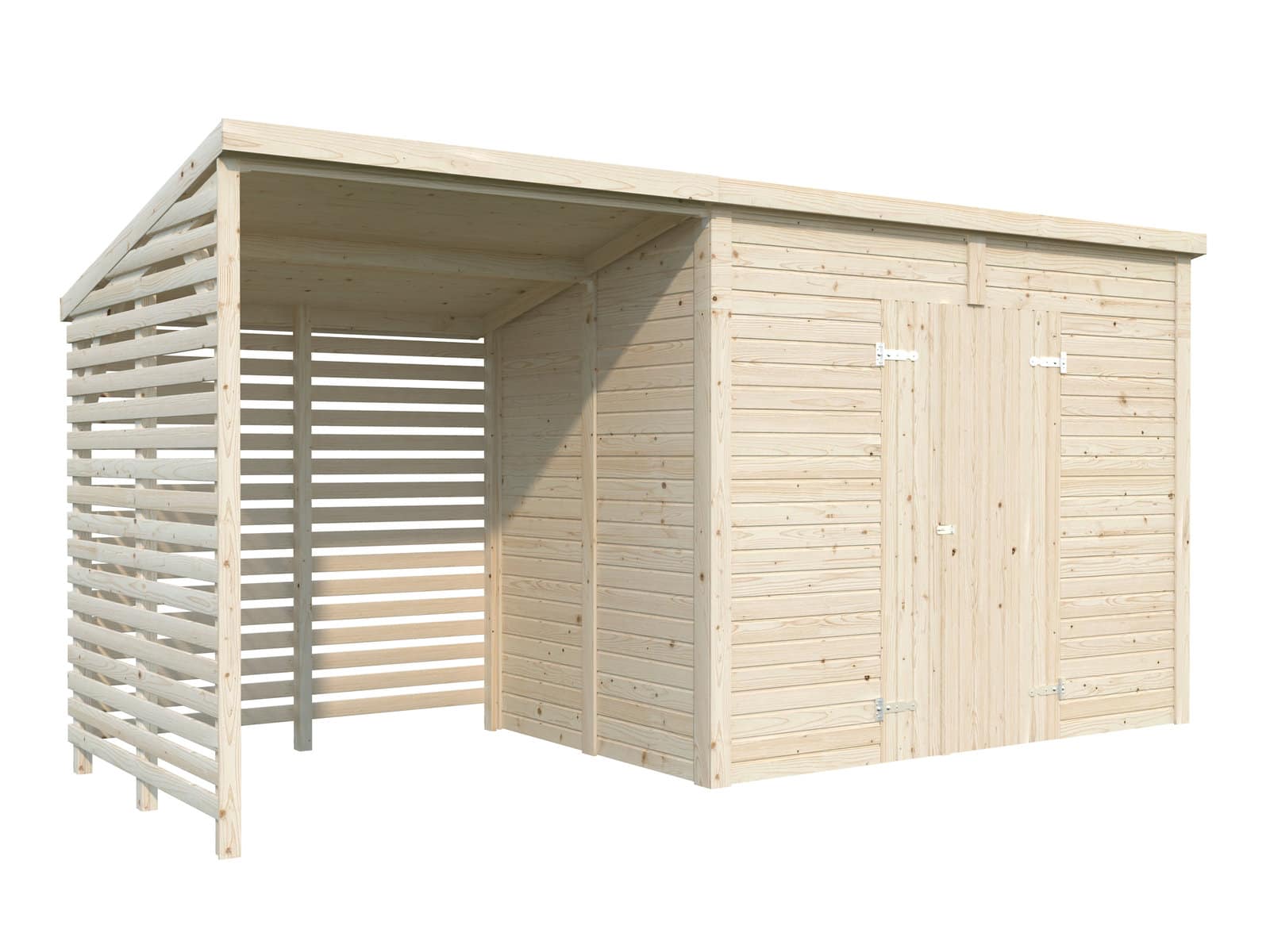 Leif 4.5+2.9m2 (4.6x1.7m | 16mm) Valmis seinaelementidest praktiline aiakuur varikatusega