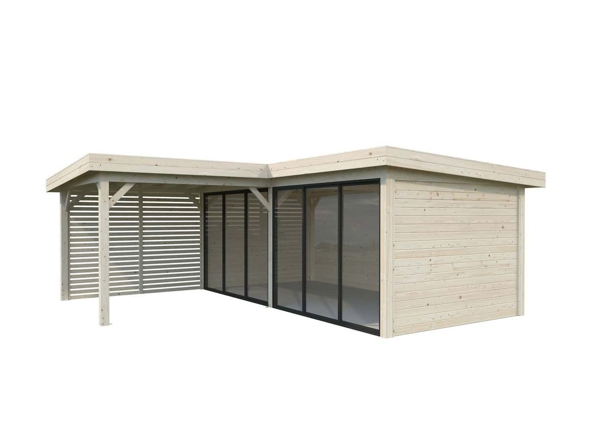 Lenna 24.9m2 Set 413/713 (5.88x5.88m) L-kujuline lamekatusega kahe lükandukse ja võreseinaga paviljon