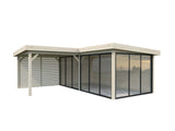 Lenna 24.9m2 Set 414/714 (5.88x5.88m) L-kujuline lamekatusega kolme lükandukse ja võreseinaga paviljon