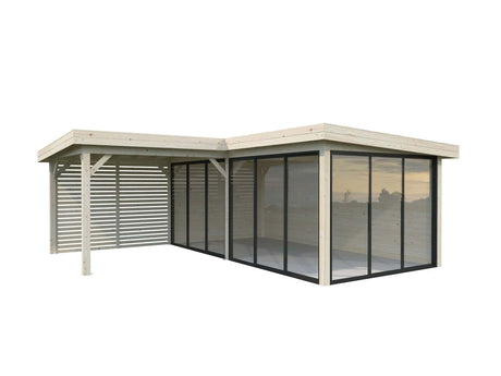 Lenna 24.9m2 Set 414/714 (5.88x5.88m) L-kujuline lamekatusega kolme lükandukse ja võreseinaga paviljon
