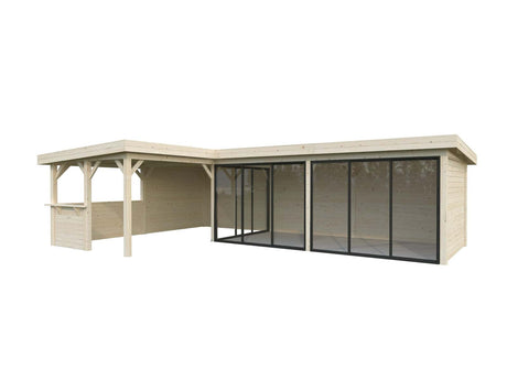 Lenna 33.2m2 Set 420/720 (8.76x5.88m) L-kujuline lamekatuse, kolme lükandukse ja väliköögi osaga paviljon