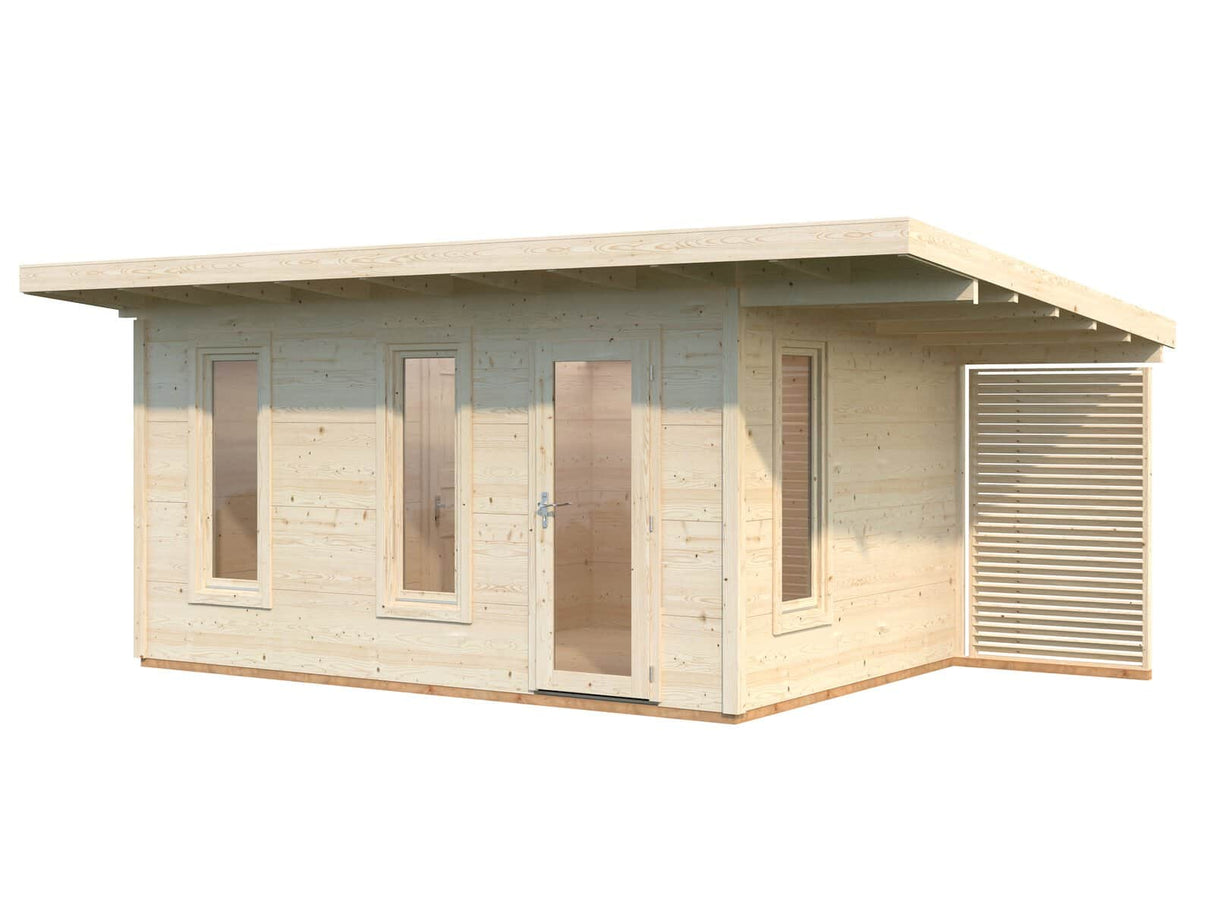 Grace 12.4+4.1m2 (4.45x2.9m | 56mm) Liimpuitelementidest aiamaja pisikese varikatusega