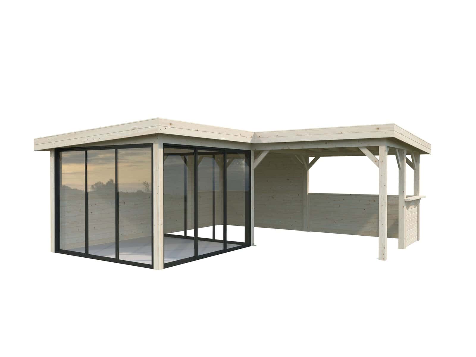 Lenna 24.9m2 Set 410/710 (5.88x5.88m) L-kujuline lamekatusega kolme lükanduksega paviljon väliköögi osaga