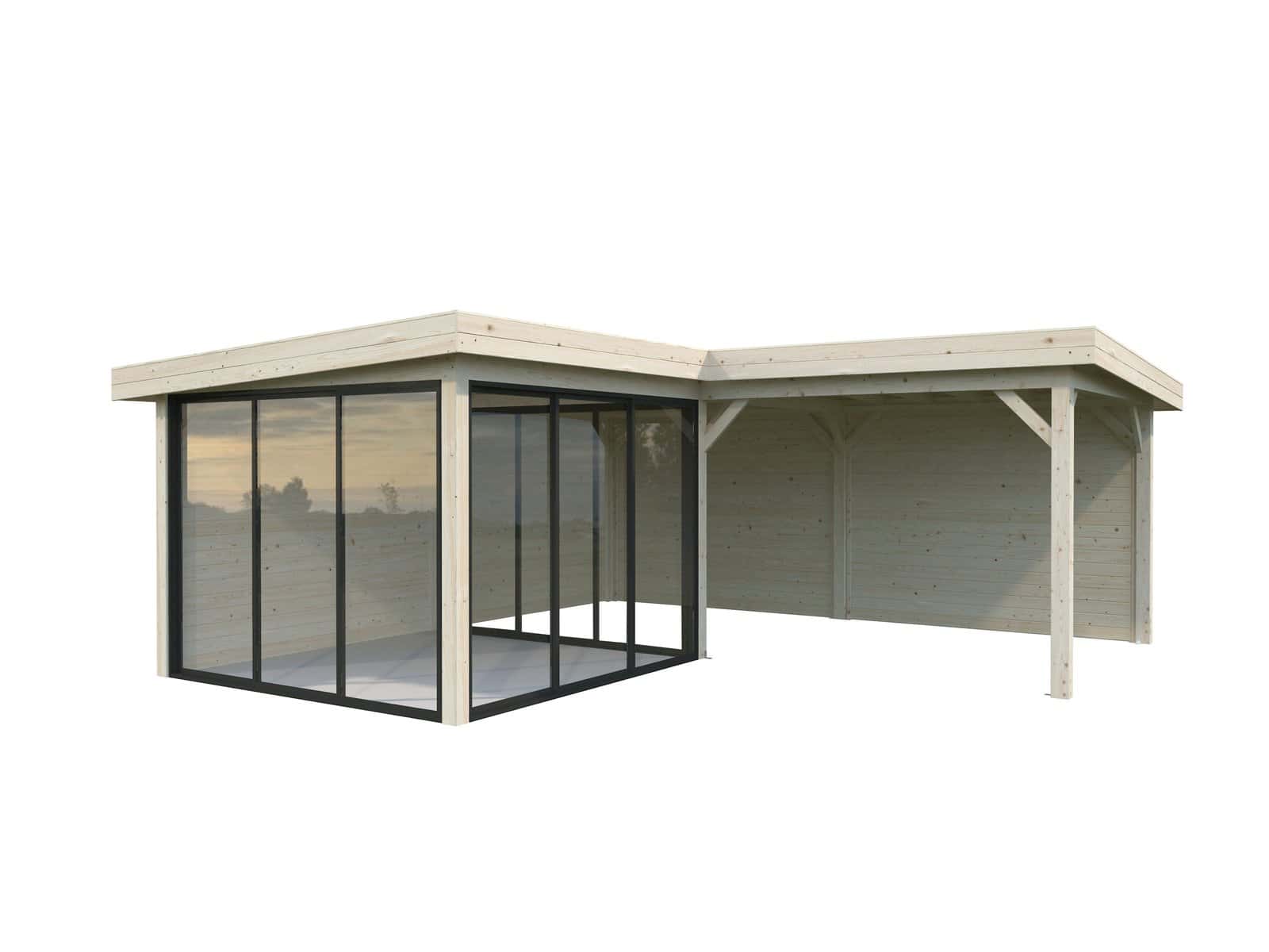 Lenna 24.9m2 Set 412/712 (5.88x5.88m) L-kujuline lamekatusega lükanduste ja varikatusega paviljon