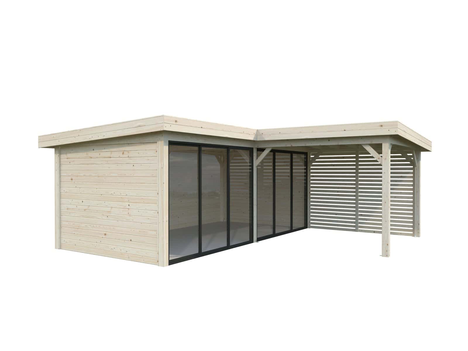 Lenna 24.9m2 Set 413/713 (5.88x5.88m) L-kujuline lamekatusega kahe lükandukse ja võreseinaga paviljon