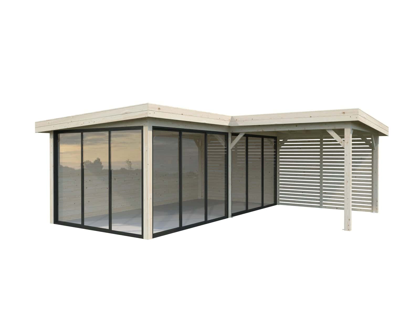 Lenna 24.9m2 Set 414/714 (5.88x5.88m) L-kujuline lamekatusega kolme lükandukse ja võreseinaga paviljon