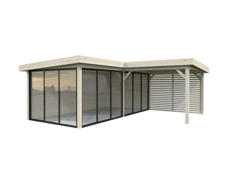 Lenna 24.9m2 Set 414/714 (5.88x5.88m) L-kujuline lamekatusega kolme lükandukse ja võreseinaga paviljon