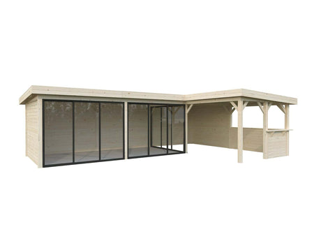 Lenna 33.2m2 Set 420/720 (8.76x5.88m) L-kujuline lamekatuse, kolme lükandukse ja väliköögi osaga paviljon