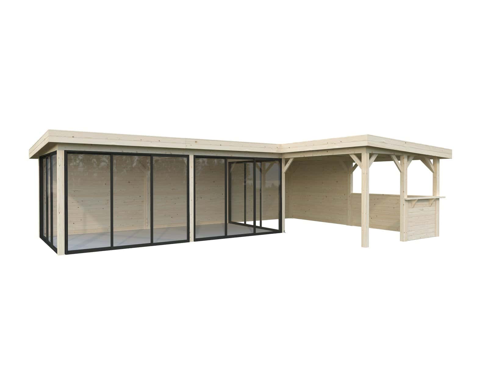 Lenna 33.2m2 Set 421/721 (8.76x5.88m) L-kujuline lamekatuse, nelja lükandukse ja väliköögi osaga paviljon