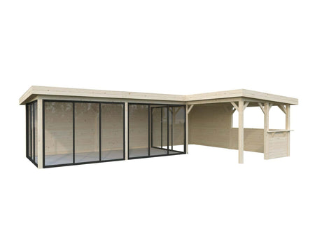 Lenna 33.2m2 Set 421/721 (8.76x5.88m) L-kujuline lamekatuse, nelja lükandukse ja väliköögi osaga paviljon