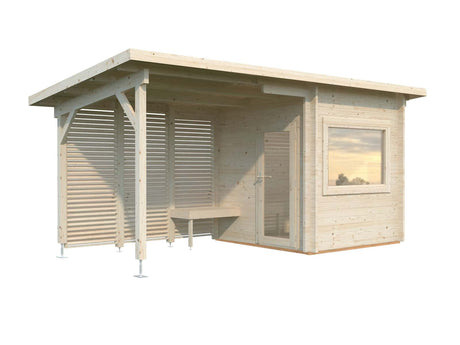Sanna 4.1+5.9m2 (4.9x2.1m | 44mm) Kompaktne saunamajake varikatusega