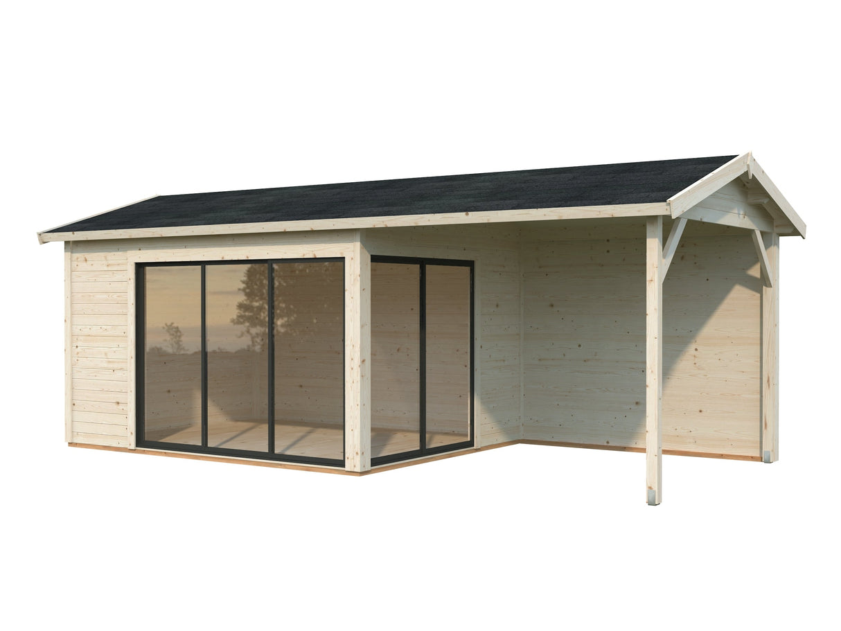 Amanda 11.2+7.8m2 (6.68x3m | 44mm) Lükanduste ja modernse nurgalahendusega aiamaja varikatusega