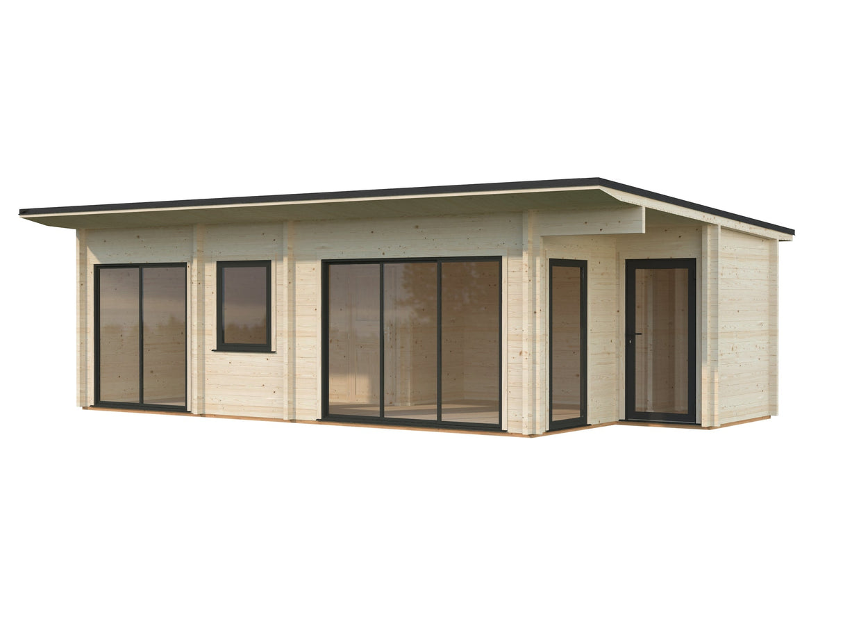 Cecilia 32m2 (8.9x4.2m | 70mm) Kolmeruumiline suvemaja alumiiniumakende ja -ustega