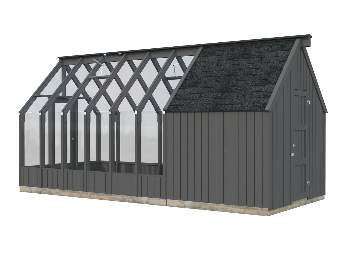 Emilia 8,2 + 4,0 m² (2,4x5,5 m | 18 mm) Kasvuhoone ja tööriistakuur – halliks värvitud
