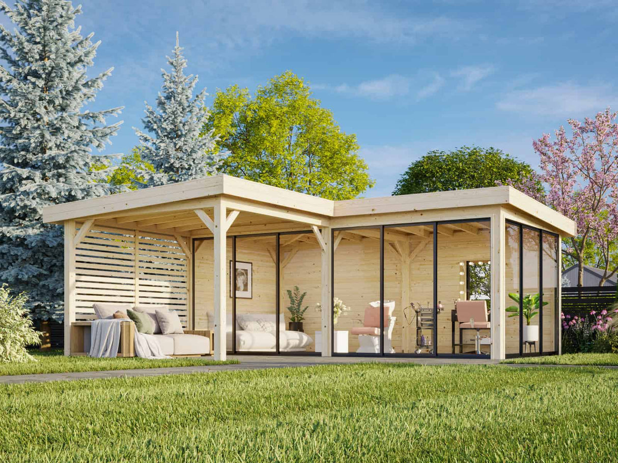 Lenna 24.9m2 Set 414/714 (5.88x5.88m) L-kujuline lamekatusega kolme lükandukse ja võreseinaga paviljon