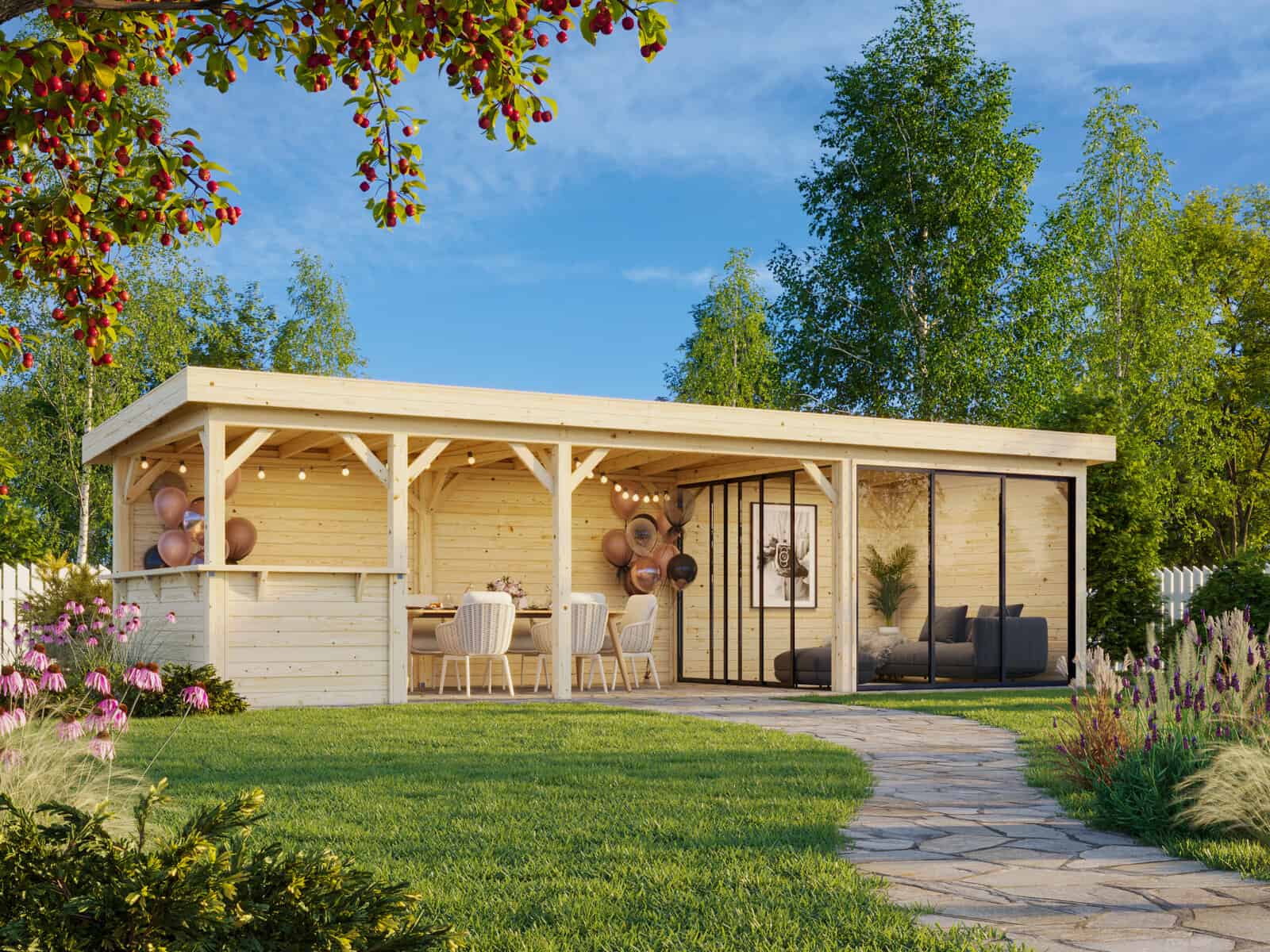 Lenna 24.9m2 Set 415/715 (8.76x3m) Lamekatuse ja kahe lükanduksega suur paviljon väliköögi osaga