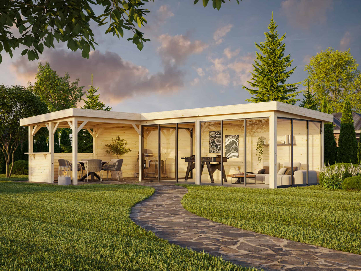 Lenna 33.2m2 Set 421/721 (8.76x5.88m) L-kujuline lamekatuse, nelja lükandukse ja väliköögi osaga paviljon