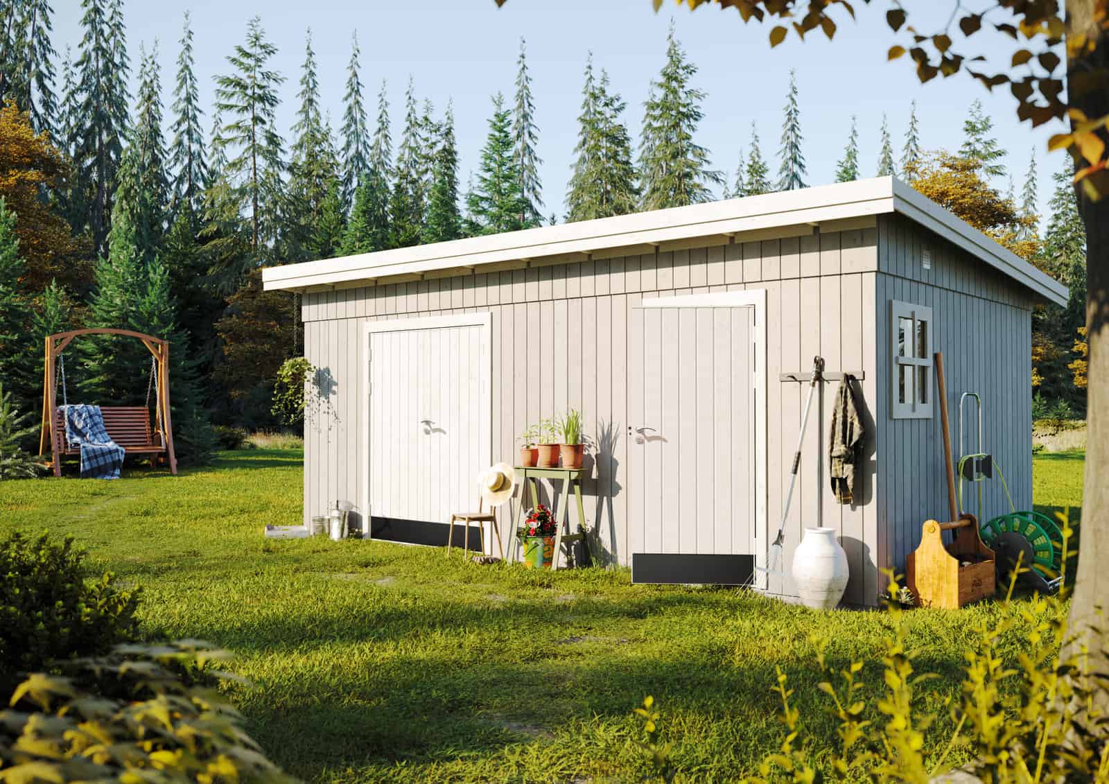 Kalle 16.9m2 (5.61x3.3m | 18mm) Valmis seinaelementidest kaheruumiline kaldkatusega aiakuur