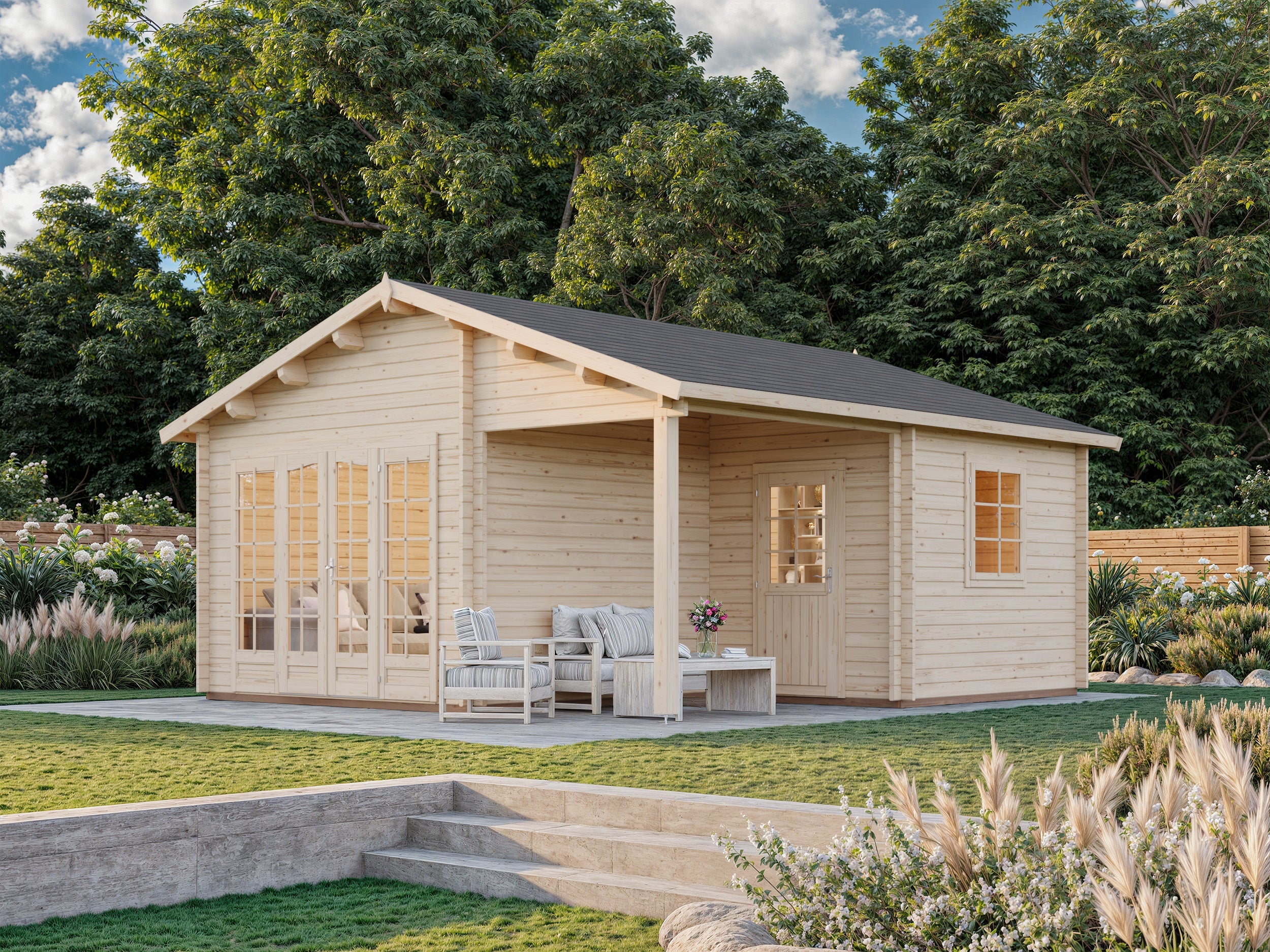 Irene 21,9+5,2 m2 (5.1x5.5m | 44mm) Varjualusega freespruss-aiamaja