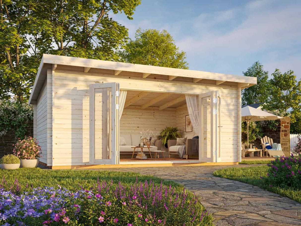 Lea 19.4m2 (5.5x4m | 44mm) Lamekatusega aiamaja volditavate ustega
