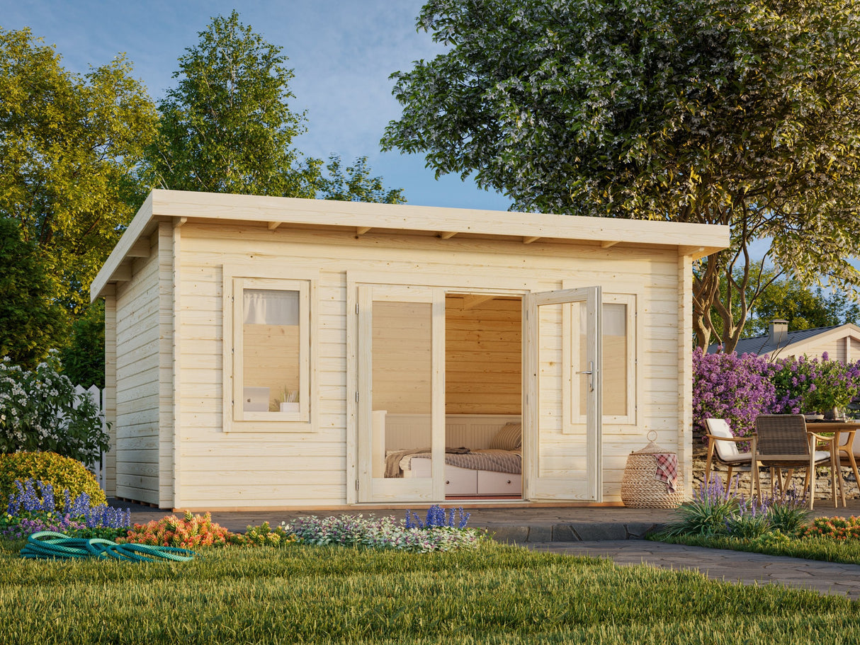 Lisa 14.2m2 (4.5x3.3m | 44mm) Lamekatusega freespruss-aiamaja (uuendatud aastal 2024)