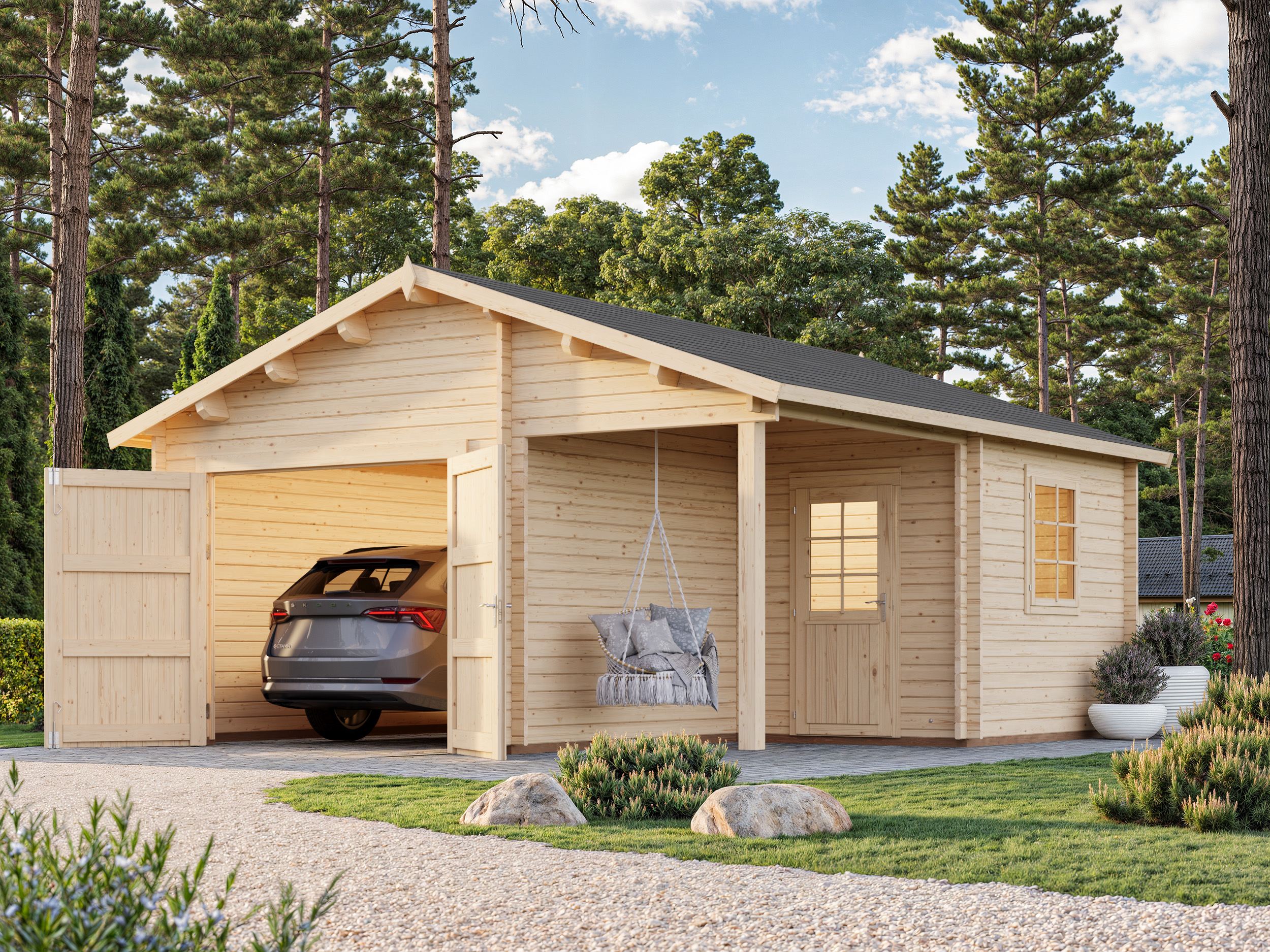 Roger 21.9+5.2m2 (5.1x5.5m | 44mm) Varjualusega freespruss-garaaž puidust uksega