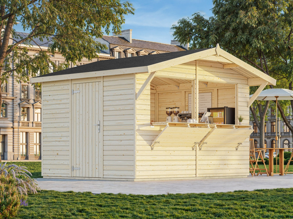 Stella 8.2m2 (3.23x2.59m | 16mm) Valmis seinaelementidest kahe luugiga kiosk