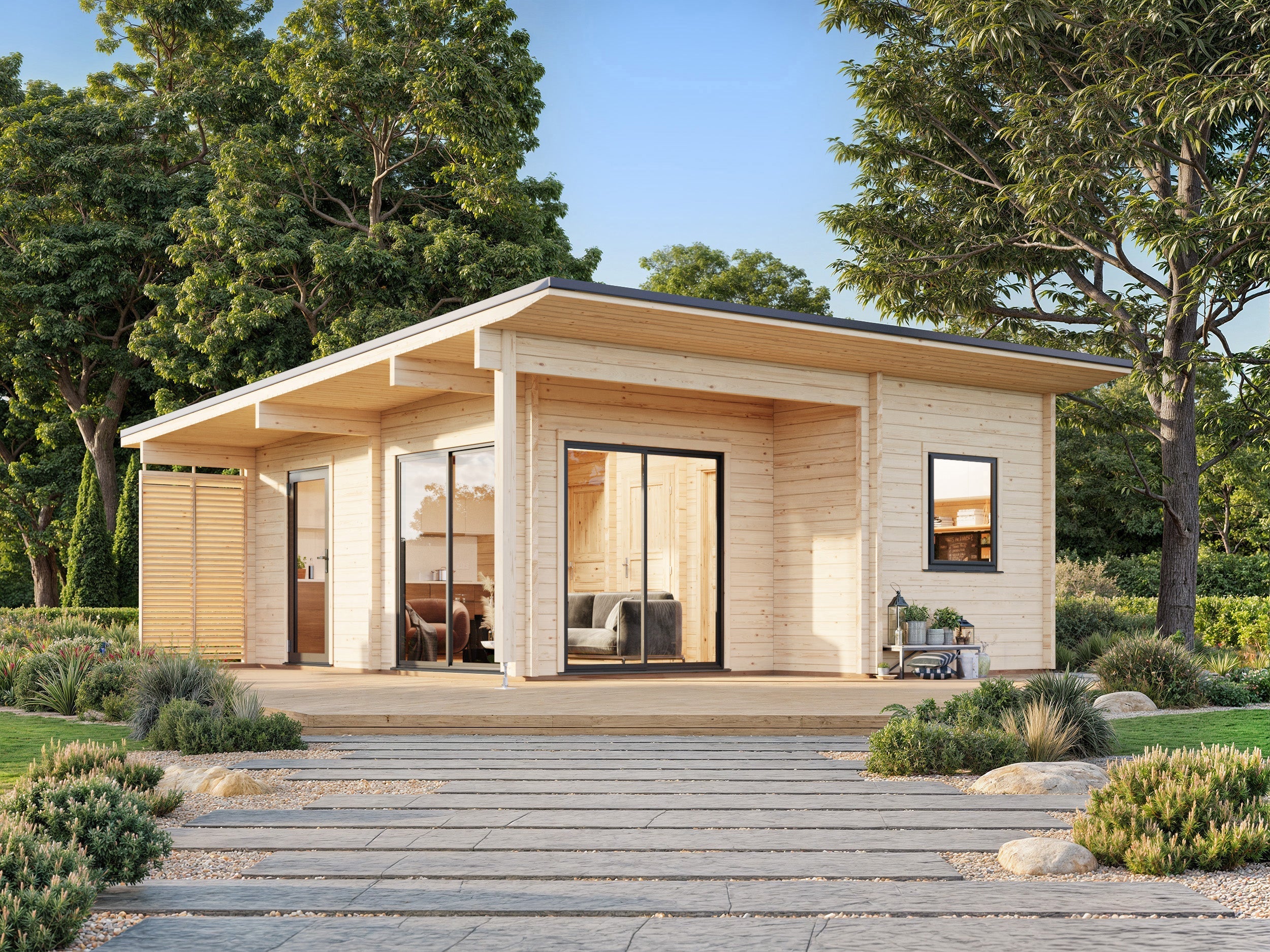 Cecilia 30m2 (5.4x6.7m | 70mm) Neljaruumiline suvemaja alumiiniumakende ja -ustega