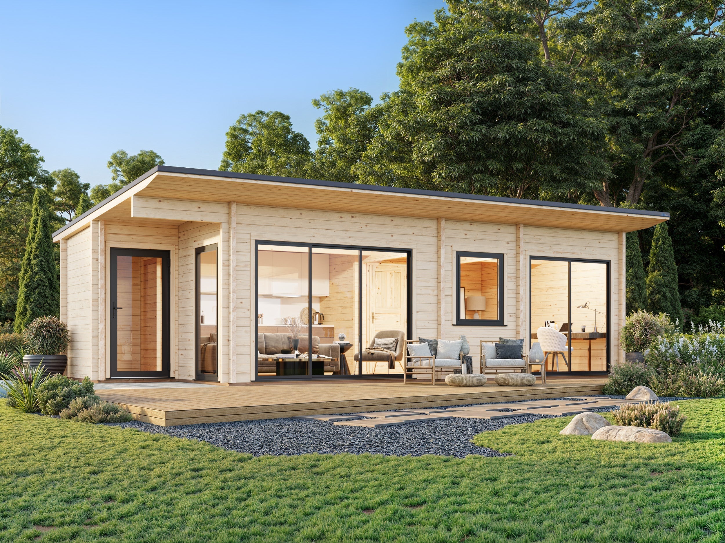 Cecilia 32m2 (8.9x4.2m | 70mm) Kolmeruumiline suvemaja alumiiniumakende ja -ustega