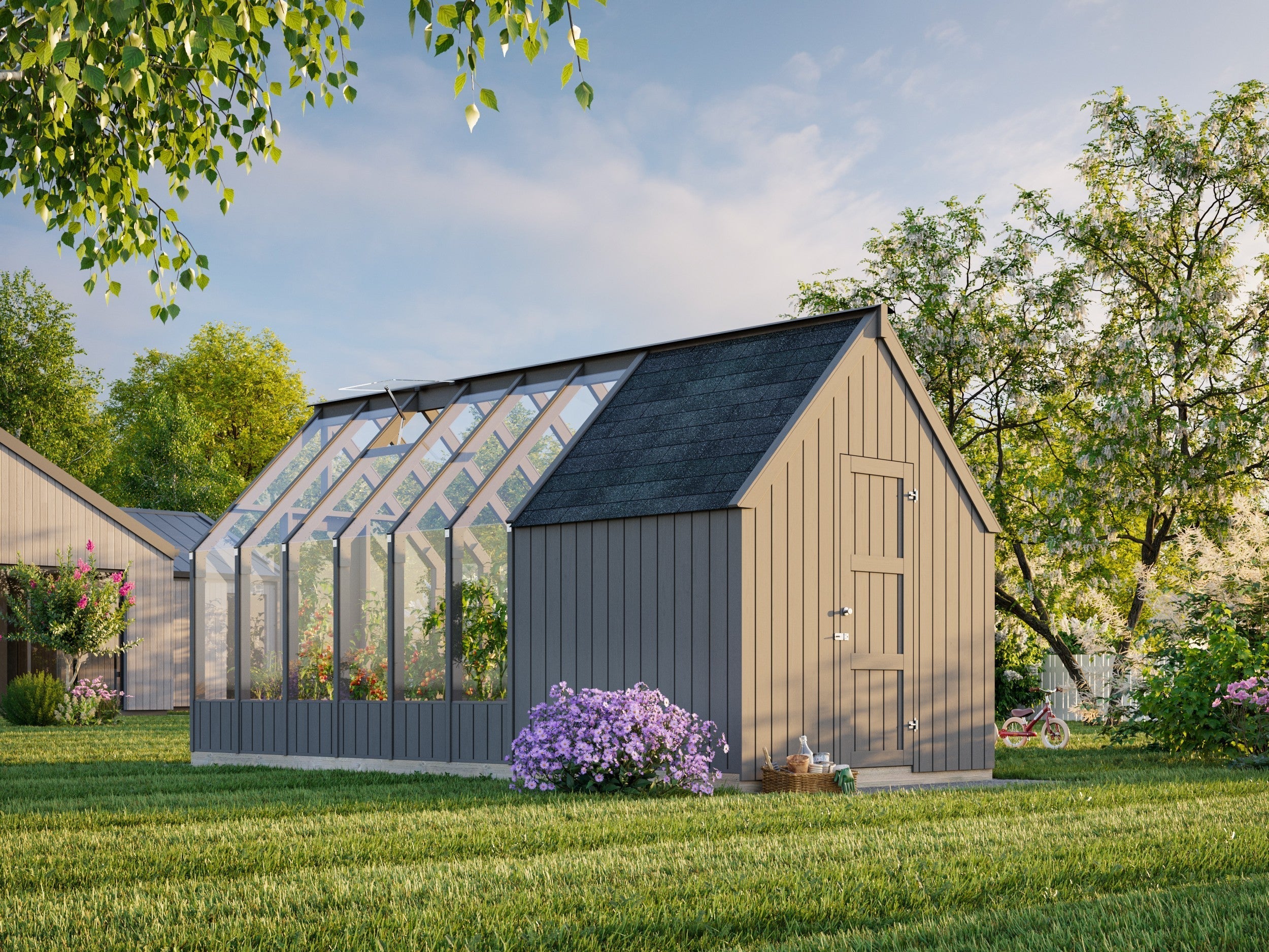 Emilia 8,2 + 4,0 m² (2,4x5,5 m | 18 mm) Kasvuhoone ja tööriistakuur – halliks värvitud