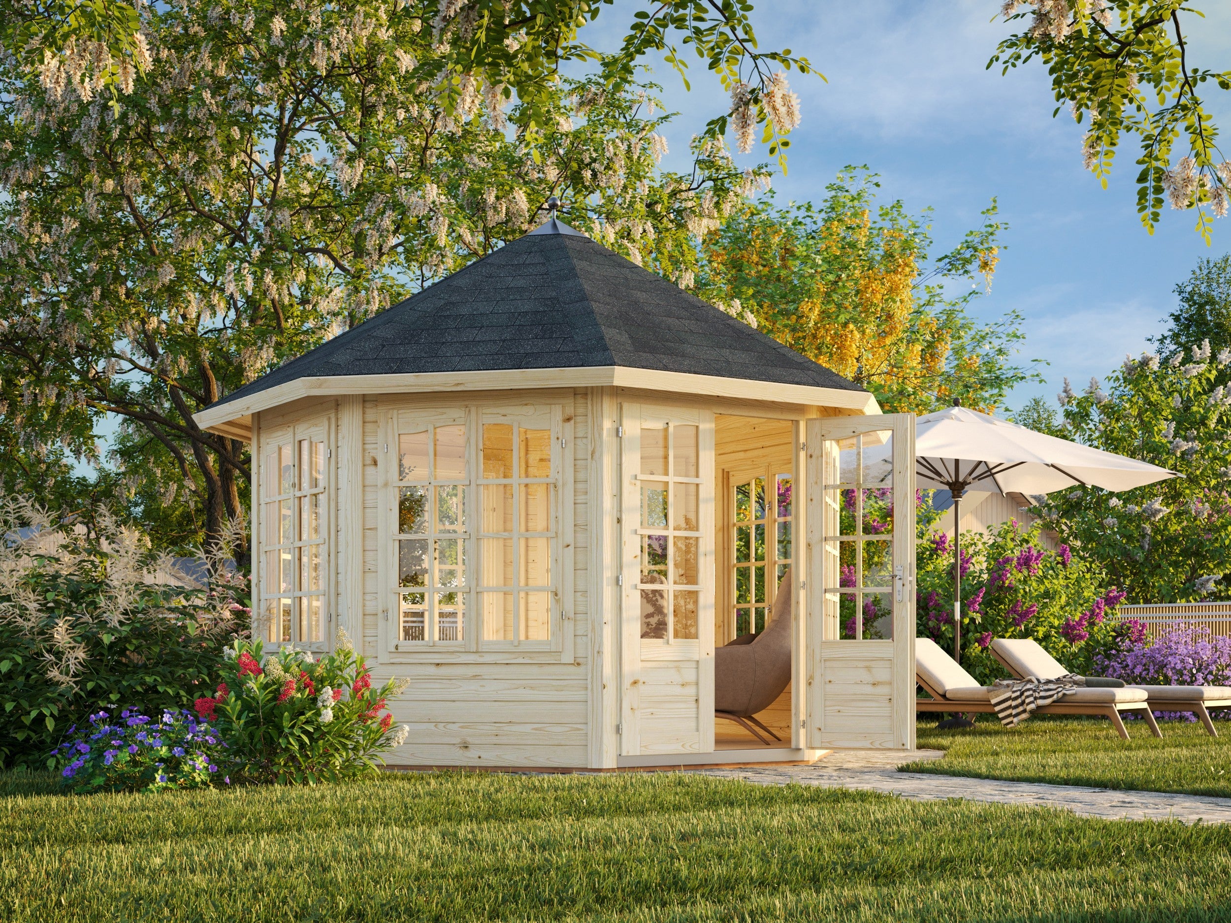 Veronica 7 9.2m2 (3.37x3.37m | 34mm) Valmis seinaelementidest seitsme aknaga paviljon