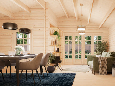 Irene 21,9+5,2 m2 (5.1x5.5m | 44mm) Varjualusega freespruss-aiamaja