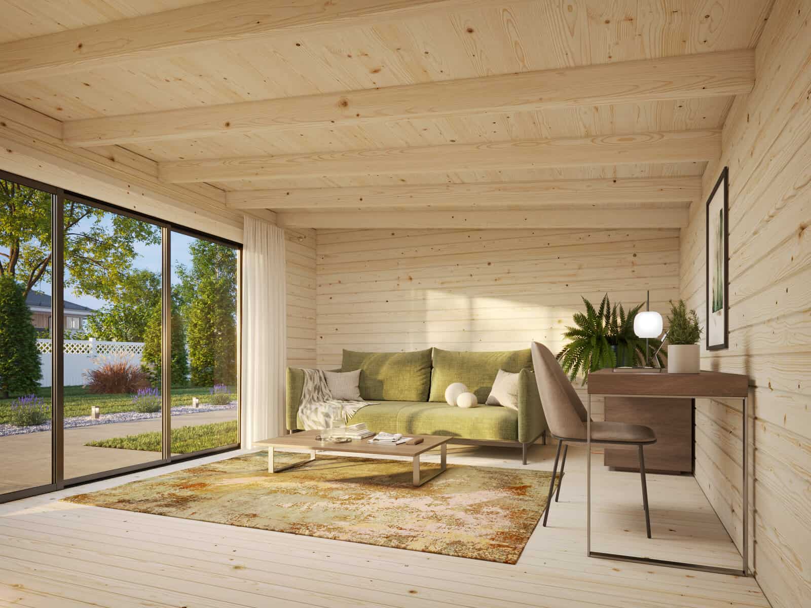 Lea 19.4m2 (5.3x3.8m | 44mm) Kaldkatusega freespruss-aiamaja lükandustega